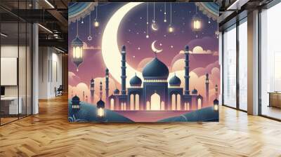 Ramadan Kareem background and mosque whit crescent moon Ai generative. Wall mural