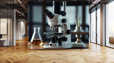 Scientific microscope on laboratory desk with researching instruments view. Ai generative Wall mural