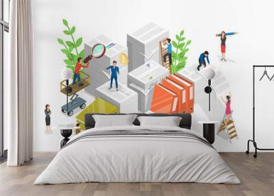 3D Isometric Flat  Conceptual Illustration of Document Flow Wall mural