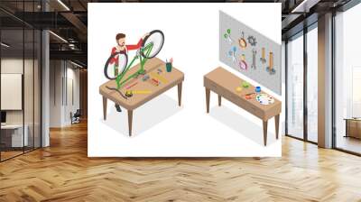 3d isometric flat illustration of fixing bike, technician fixing a bicycle Wall mural