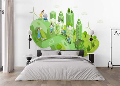 3D Isometric Flat  Illustration of Nature Friendly World, Earth Protection and Sustainable Development Wall mural