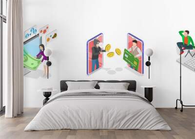 3D Isometric Flat  Set of Scam Scenes, Internet Fraud Wall mural