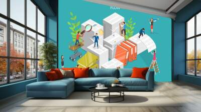 3D Isometric Flat Vector Conceptual Illustration of Document Flow, Working with Paper Documents at Office. Wall mural