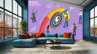 3D Isometric Flat Vector Conceptual Illustration of Energy Transition, Structural Change in an Eenergy System from Fossil Fuels to Renewable Energy. Wall mural