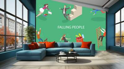 3D Isometric Flat Vector Conceptual Illustration of Falling Down People, Set of Traumatic Accidents Wall mural