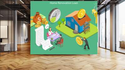 3D Isometric Flat Vector Conceptual Illustration of Home Renovation Loan, Home Repairs Budget Wall mural