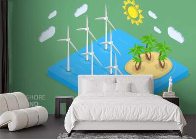 3D Isometric Flat Vector Conceptual Illustration of Offshore Wind Energy, Green Energy Turbines Wall mural