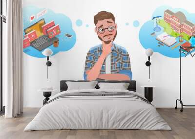 3D Isometric Flat Vector Conceptual Illustration of Online Learning vs Offline Learning, Man is Thikning What Kind of Learning to Choose. Wall mural