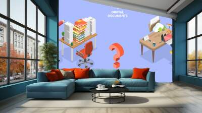 3D Isometric Flat Vector Conceptual Illustration of Paper VS Digital Documents, Paperless Office Transformation Wall mural