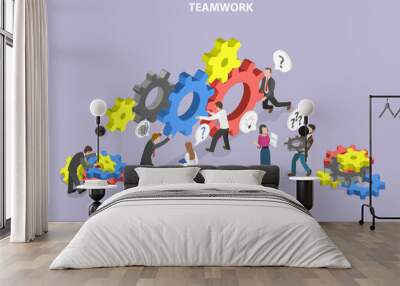 3D Isometric Flat Vector Conceptual Illustration of Teamwork and Collaboration, Work Routine Management Wall mural