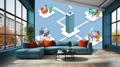 3D Isometric Flat Vector Conceptual Illustration of Telework, Remote Work and Global Outsourcing Wall mural