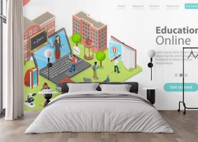 3D Isometric Flat Vector Landing Page Template of Distant School Education, Online Classes and E-learning. Wall mural