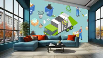 3D Isometric Flat Vector Set of Cleaners Characters, Gargabe and Trash Containters Wall mural