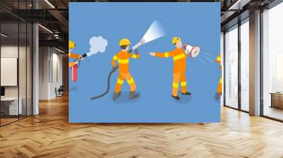 3D Isometric Flat Vector Set of Firefighter Characters, Emergency Rescue Wall mural