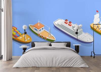 3D Isometric Flat Vector Set of Maritime Ships, Water Transportation Boats Wall mural