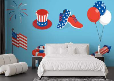 3D Isometric Flat Vector Set of United Stated Independence Design Items, USA Celebration Wall mural