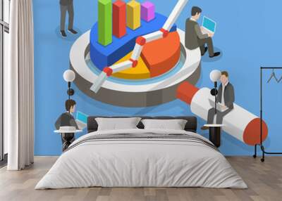 Data analysis flat isometric vector concept. A business team is investigating some information with around the huge magnifying glass and some kinds of finance charts and diagrams. Wall mural