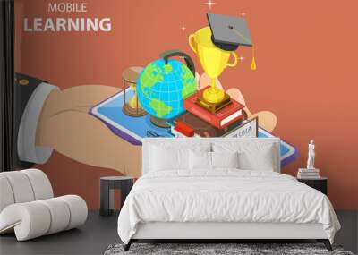 Flat isometric vector concept of mobile education, e-learning, webinar, online training. Wall mural