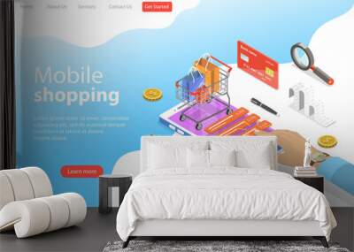 flat isometric vector landing page template of mobile shopping, e-commerce, mobile payment. Wall mural