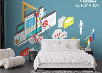 Isometric flat vector concept of digital marketing automation, social media strategy, ai, chatbot. Wall mural