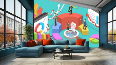 Isometric Vector Concept of Business Environment. People are Interacting With Graphs, Charts and Other Statistical Data. Big Data Analysis. Wall mural