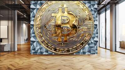 Lowpoly Brilliance: Golden Bitcoin Amidst Geometric Splendor Wall mural