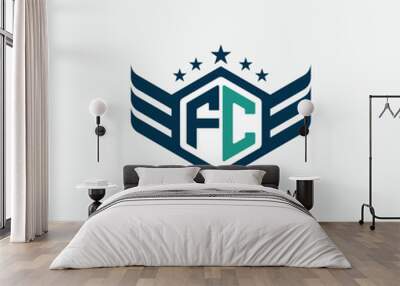 Alphabet letter FC, CF, F, C logo hexagon shape concept with wings ornament silhouette. 2 Wall mural