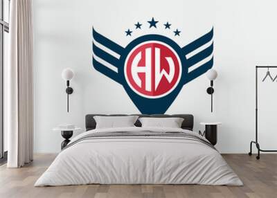 Alphabet letter HW, WH, H, W logo location shape concept with wings ornament silhouette Wall mural