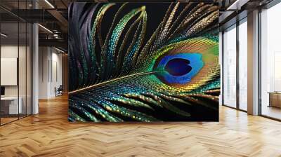 A detailed close-up of a colorful peacock feather on a black background, Generative AI Wall mural