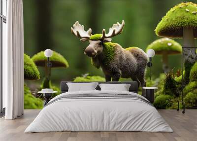 A most adorable moss, mushroom, moose, Generative AI Wall mural