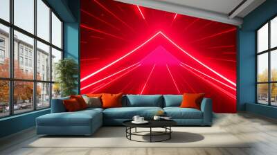 Abstract red neon arrow light glow background. Futuristic cyber laser line motion banner for casino. Dynamic techno perspective beam 3d graphic design. Cool party power and energy boost. Generative AI Wall mural