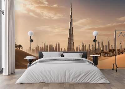 Bollywood action movie poster background with burj khalifa and dubai skyline and desert, Generative AI Wall mural