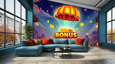 Casino box bonus drop, for a slot casino game with parachute. Generative AI Wall mural