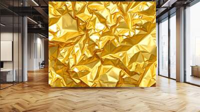 Crumpled shiny gold metallic foil creating abstract texture. Generative AI Wall mural