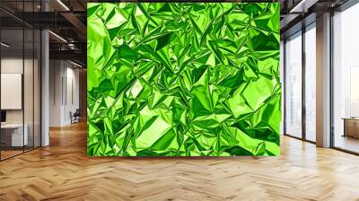 Crumpled shiny green metallic foil creating abstract texture. Generative AI Wall mural