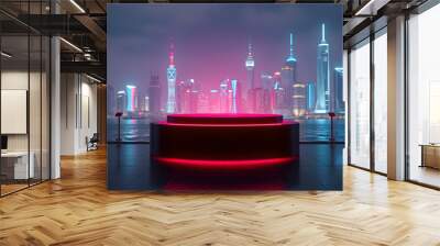 Cyberpunk photo of in the foreground is a 3D rendering of a neon podium for product demonstrations, futuristic technological, against the background of magnificent view of the night city Generative AI Wall mural