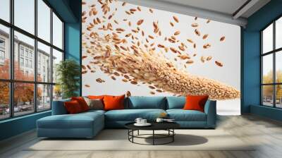 Flying grains wheat on white background, Generative AI Wall mural