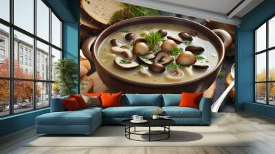 Mushroom champignon soup with bread and fresh mushrooms. top view , autumn seasonal cream soup with vegetables Generative AI Wall mural