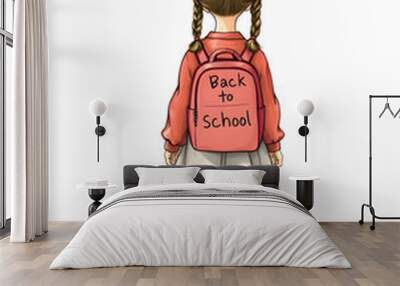 Pastel drawing artistic image of small girl with 2 side braids in dress with long sleeves walking to school carrying a backpack that's written on it back to school. Generative AI Wall mural