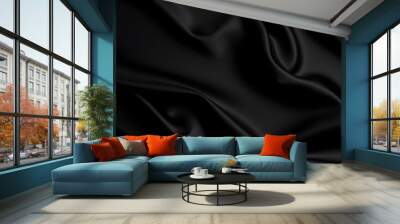 Silk fabric, abstract wavy black satin fabric background. Generative AI Wall mural