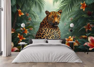 Steampunk portrait artistic image of quarter pose portrait in whole body of a leopard while sitting backwards facing and stares at you and slightly covered with tropical big wildflowers Generative AI Wall mural