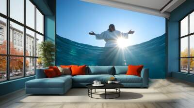 Sunlit water with Back view of Jesus Christ seen from behind. Generative AI Wall mural