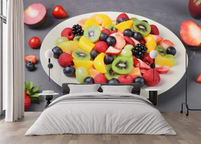 Top view of fruit salad on plate, background, Generative AI Wall mural