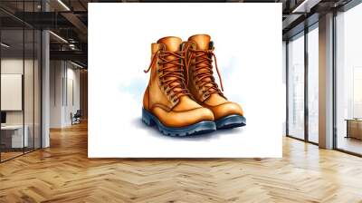 Watercolor illustration of brown leather hiking boots, vector clipart isolated on white background. Generative AI Wall mural