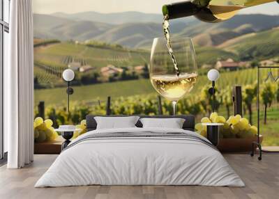 Wine glass with pouring white wine and vineyard landscape in sunny day. Generative AI Wall mural