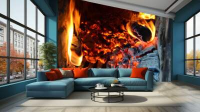 Sparks from fire in fireplace with bokeh balls. Wall mural