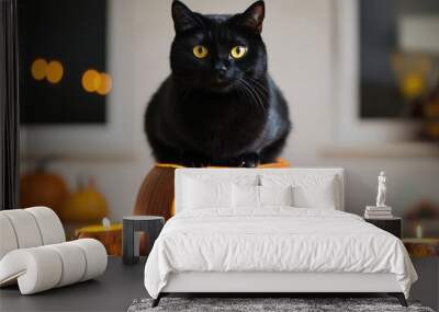 Black Cat Sitting on a Lighted Jack O Lantern Pumpkin for Halloween Wall mural