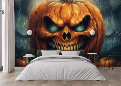 Big and scary halloween pumpkin, covered in orange paint, old house background, blending with abstract paint art background Wall mural