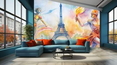 Paris olympics games France 2024 ceremony running sports Eiffel tower torch artwork painting commencement Wall mural