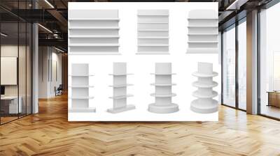 3d realistic white supermarket shelving display and bookstore racks. Empty market, shop or store shelf. Promotion stand mockup vector set Wall mural